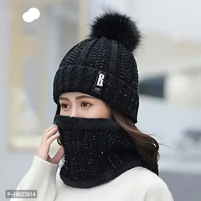 BRATS N BEAUTY? - Stylish Women's Girl's Winter Woolen Warm and Snow Proof Soft Beanie Cap and Scarf Set (Fur Inside) Women Winter caps Black Color-thumb2