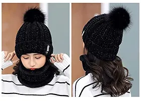 BRATS N BEAUTY? - Stylish Women's Girl's Winter Woolen Warm and Snow Proof Soft Beanie Cap and Scarf Set (Fur Inside) Women Winter caps Black Color-thumb2