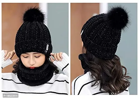 BRATS N BEAUTY? - Stylish Women's Girl's Winter Woolen Warm and Snow Proof Soft Beanie Cap and Scarf Set (Fur Inside) Women Winter caps Black Color-thumb3