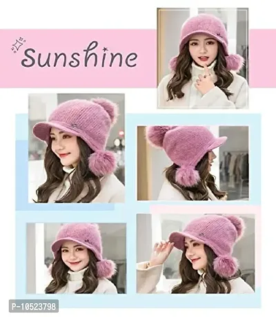 BRATS N BEAUTY? Girl Thicken Ski Snow Cap Fur Pompoms Winter Wool Women Beanie Hats Female Skullies Warm Knit Hat Pink Color-thumb2