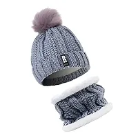 BRATS N BEAUTY? - Stylish Women's Girl's Winter Woolen Warm and Snow Proof Soft Beanie Cap and Scarf Set (Fur Inside) Women Winter caps Grey Color-thumb3