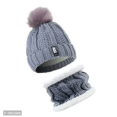 BRATS N BEAUTY? - Stylish Women's Girl's Winter Woolen Warm and Snow Proof Soft Beanie Cap and Scarf Set (Fur Inside) Women Winter caps Grey Color-thumb4