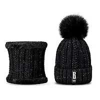 BRATS N BEAUTY? - Stylish Women's Girl's Winter Woolen Warm and Snow Proof Soft Beanie Cap and Scarf Set (Fur Inside) Women Winter caps Black Color-thumb3