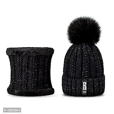 BRATS N BEAUTY? - Stylish Women's Girl's Winter Woolen Warm and Snow Proof Soft Beanie Cap and Scarf Set (Fur Inside) Women Winter caps Black Color-thumb4