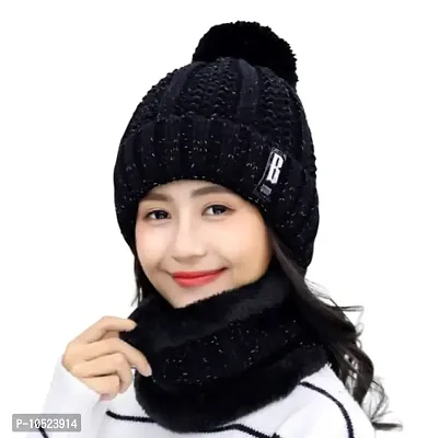 BRATS N BEAUTY? - Stylish Women's Girl's Winter Woolen Warm and Snow Proof Soft Beanie Cap and Scarf Set (Fur Inside) Women Winter caps Black Color