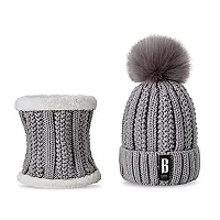 BRATS N BEAUTY? - Stylish Women's Girl's Winter Woolen Warm and Snow Proof Soft Beanie Cap and Scarf Set (Fur Inside) Women Winter caps Grey Color-thumb2