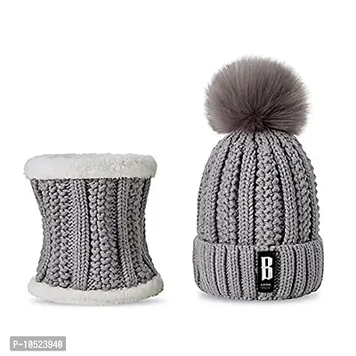 BRATS N BEAUTY? - Stylish Women's Girl's Winter Woolen Warm and Snow Proof Soft Beanie Cap and Scarf Set (Fur Inside) Women Winter caps Grey Color-thumb3