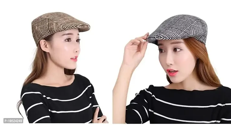 BRATS N BEAUTY?-Girl/Women Autumn Checkered Vintage Herringbone Flat Cap/Boy or Male Durable Sports Peaked Riding Hat/Beret Country Golf Hats Caps Combo Black & Brown Colour-thumb0