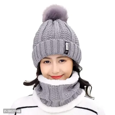 BRATS N BEAUTY? - Stylish Women's Girl's Winter Woolen Warm and Snow Proof Soft Beanie Cap and Scarf Set (Fur Inside) Women Winter caps Grey Color