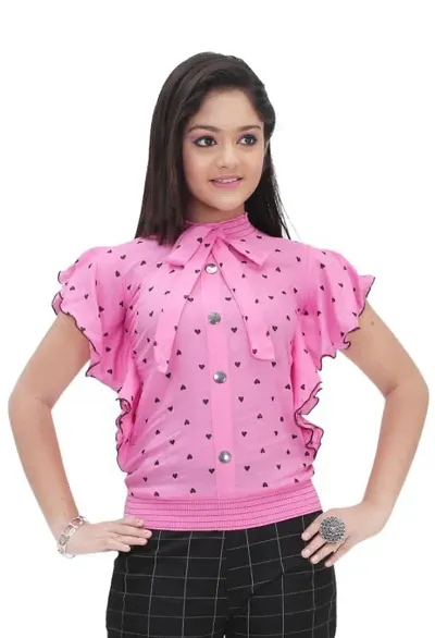 Maream Enterprise Casual Regular Fit Polka Dot Ruffle Sleeves Top (Pink, 7-8 Years)