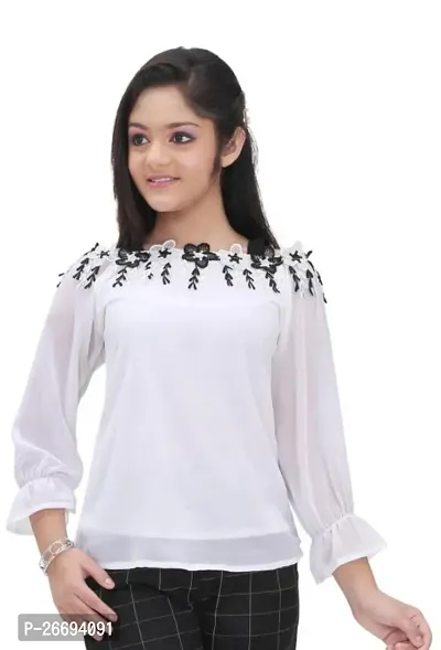 Stylish White Rayon Embroidered Tops For Girls