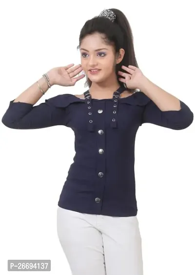 Stylish Navy Blue Rayon Solid Tops For Girls