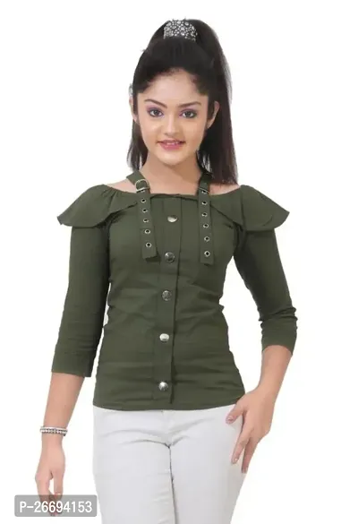 Stylish Olive Rayon Solid Tops For Girls