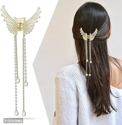 Stylish White Pearl Butterfly Metal Hair Clutcher For Women And Girls