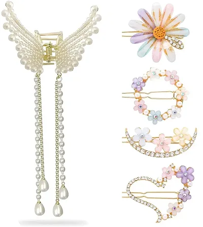 THE GLAM NIYATI Fashion Style Flower Lock Hair Clip with Elegant Tassel Pearl Butterfly Hair Clip Flying Metal Hair Claw Clips