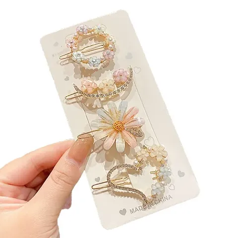 KK CREATIONS Korean 4 pcs Fancy pearl resin acrylic rhinestone bobby hairpins For Girl And Women