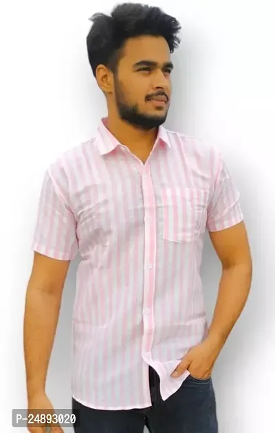 Elegant Khadi Cotton Striped Short Sleeves Casual Shirts For Men-thumb0