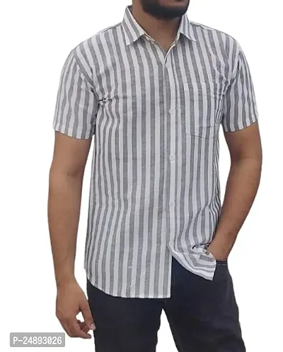 Elegant Khadi Cotton Striped Short Sleeves Casual Shirts For Men-thumb0