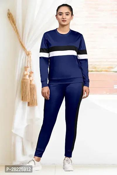 Stylish Navy Blue Cotton Blend Long Tracksuit For Women-thumb0