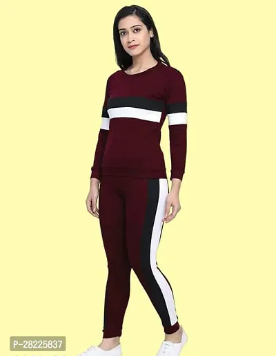 Stylish Maroon Cotton Blend Long Tracksuit For Women-thumb2