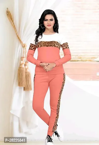 Stylish Peach Cotton Blend Long Tracksuit For Women-thumb0