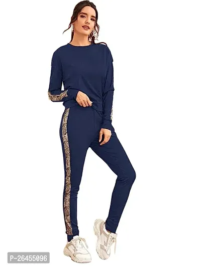 Elite Navy Blue Polyester Solid Tracksuit For Women
