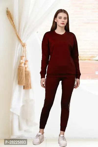 Stylish Maroon Cotton Blend Long Tracksuit For Women-thumb0