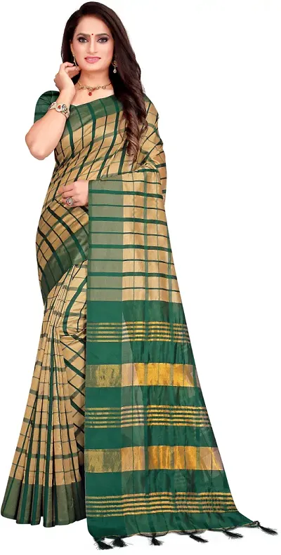 Clickedia Women's Cotton Silk Rich Golden Border Pallu With Latest Checkered Printing Design All over Saree And Banglori Silk Blouse Piece.