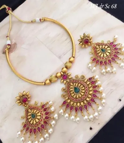 Latest Designer Brass Temple Necklace Set