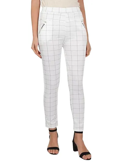 FashionWala Women's Formal Check Pant with Pockets (M, White)