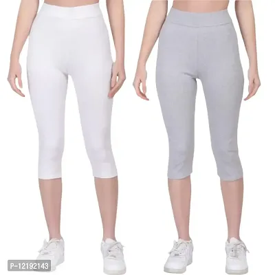 FashionWala Women's Capri Pant Combo (S, White & Light Grey)
