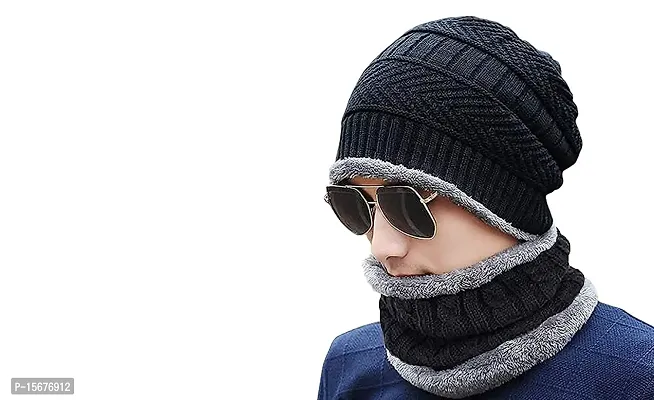 G.FIDEL Winter Knit Beanie Woolen Cap Hat Woolen Neck Warmer Scarf Set for Men  Women Black-thumb0