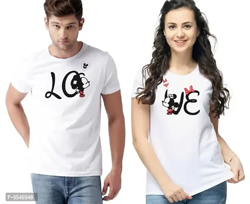 Couples White Printed Round Neck Half Sleeve T shirt (LOVE MICKY)