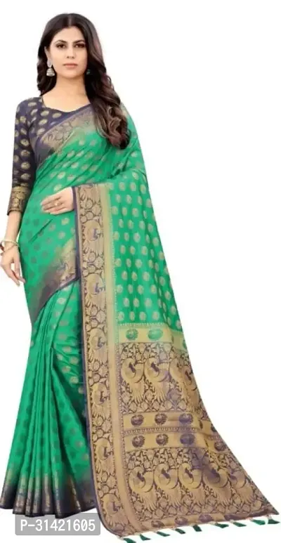 Stylish Art Silk Green Woven Design Saree with Blouse piece For Women