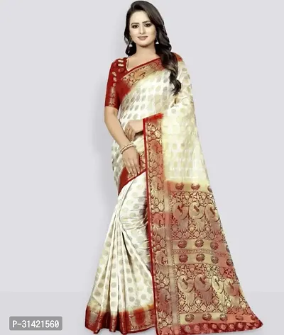 Stylish Art Silk White Woven Design Saree with Blouse piece For Women-thumb0