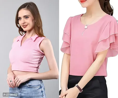 Designer Pink Rayon Solid Top For Women Pack Of 2