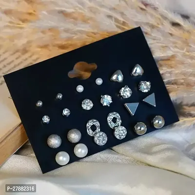 ZJEWELS Beautiful Designer Stud Earrings With 12 Pairs For Girls | Small Stud Earings | Silver Stud Earrings | Earrings With Silver Plated | Western Stud Earrings For Girls  Women