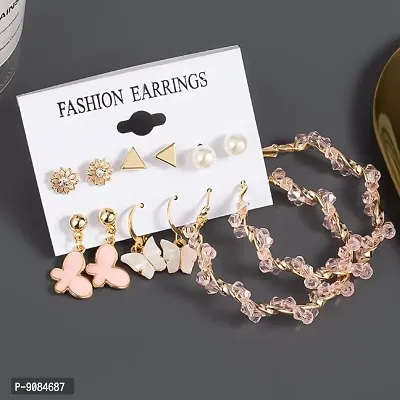 Pack of 6 Gold and Pink Drop and Stud Earrings Set For Women