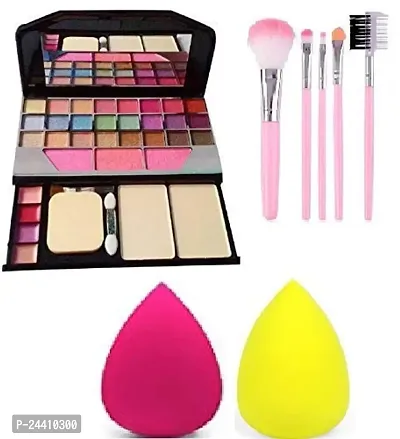 Makeup Kit + 5 Pcs Makeup Brush + 2 Pc Blender Puff Combo - Multicolor