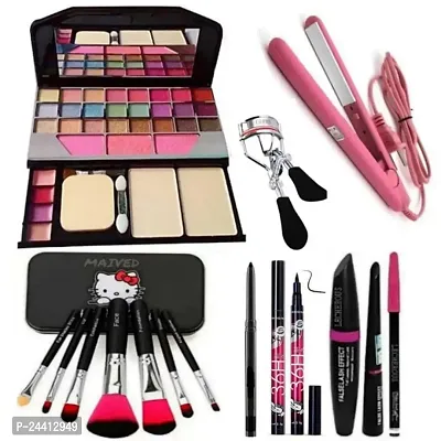 Women's Multicolor Makeup Kit and 7 Black Makeup Brushes,1 36H Eyeliner, 3in1 Eyeliner, Mascara, Eyebrow Pencil, Kajal,1 EyeLashes Curler with 1 Hair Straightener - (Pack of 15)-thumb0