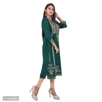 MIRASA Women's Casual Sanganeri Gold Print Dark Green Kurti-thumb3