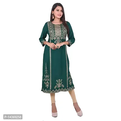 MIRASA Women's Casual Sanganeri Gold Print Straight Kurti (Dark Green, Medium)-thumb0