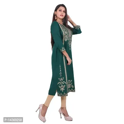 MIRASA Women's Casual Sanganeri Gold Print Straight Kurti (Dark Green, Medium)-thumb3