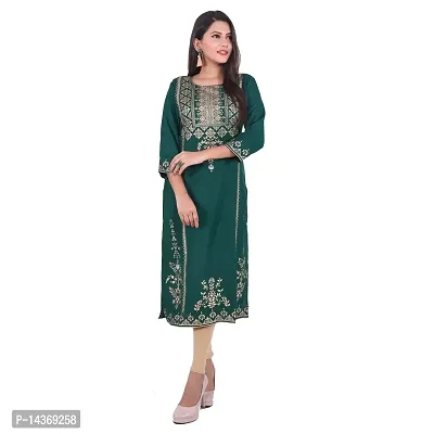 MIRASA Women's Casual Sanganeri Gold Print Straight Kurti (Dark Green, Medium)-thumb2