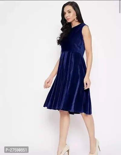 Stylish Blue Velvet Solid Dresses For Women