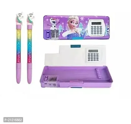 Purple Frozen Cartoon Printed Calculator Geometry with Dual Sharpener For Girls And Boys Kids | Double sided Magnetic Closure Pencil Box + 2 Unicorn Glitter Blue Gel Pen for Kids | Best Birthday Gift-thumb0