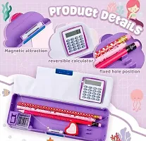 Purple Frozen Cartoon Printed Calculator Geometry with Dual Sharpener For Girls And Boys Kids | Double sided Magnetic Closure Pencil Box + 2 Unicorn Glitter Blue Gel Pen for Kids | Best Birthday Gift-thumb1