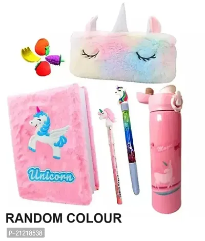 6 Pcs Unicorn Stationery Set for Kids School Stationery Set with Unicorn Steel Water Bottle Unicorn Diary, Pen, Pencil, Erasers, Pouch  Water Bottle Best Return Gift Set for Girls-thumb0