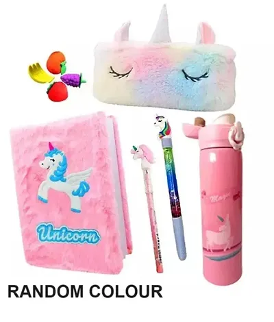 6 Pcs Unicorn Stationery Set for Kids School Stationery Set with Unicorn Steel Water Bottle Unicorn Diary, Pen, Pencil, Erasers, Pouch  Water Bottle Best Return Gift Set for Girls