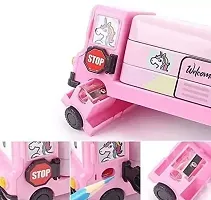 Bus Shape Metal Pencil Box with Unicorn Water Glitter Pen moving tyres Geometry Box for Kids 3 Compartment Pencil Case for Students (Pack of 2 Pcs ,Pink)-thumb1